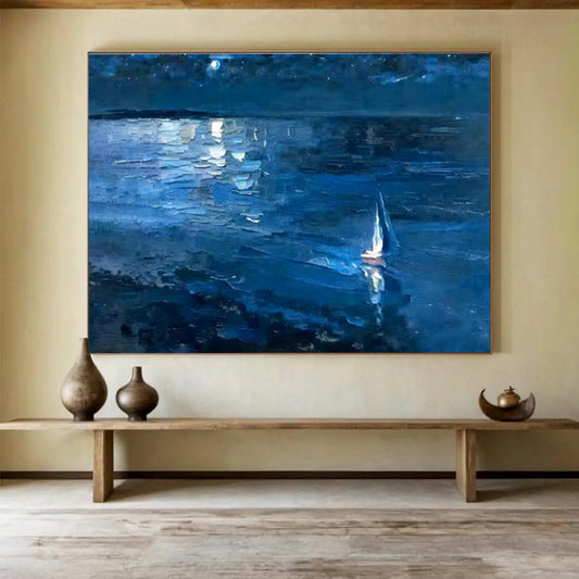 Moonlit Sea View Oil Painting for Coastal - Themed Living Rooms DLZ2484
