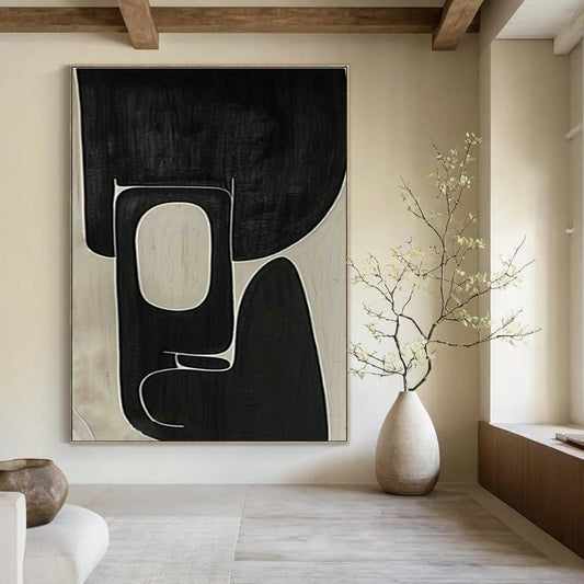 Black and White Curved Abstract Art for Mid - Century Modern Home & Art Gallery Corridor DLZ1976