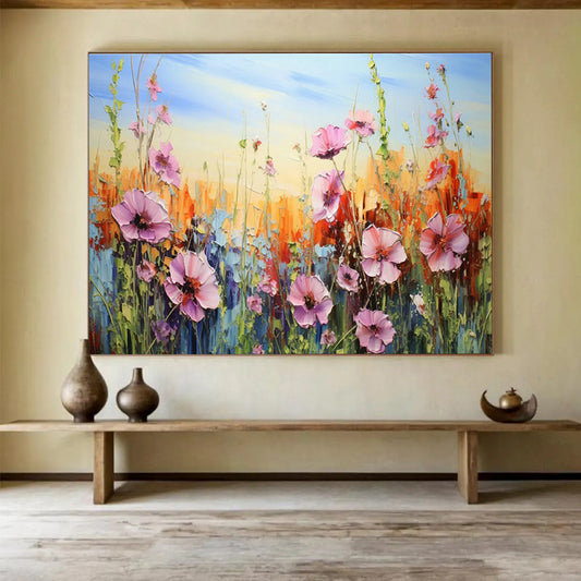 Colorful Flower Field Oil Painting for Countryside Café Dining Areas DLZ3287