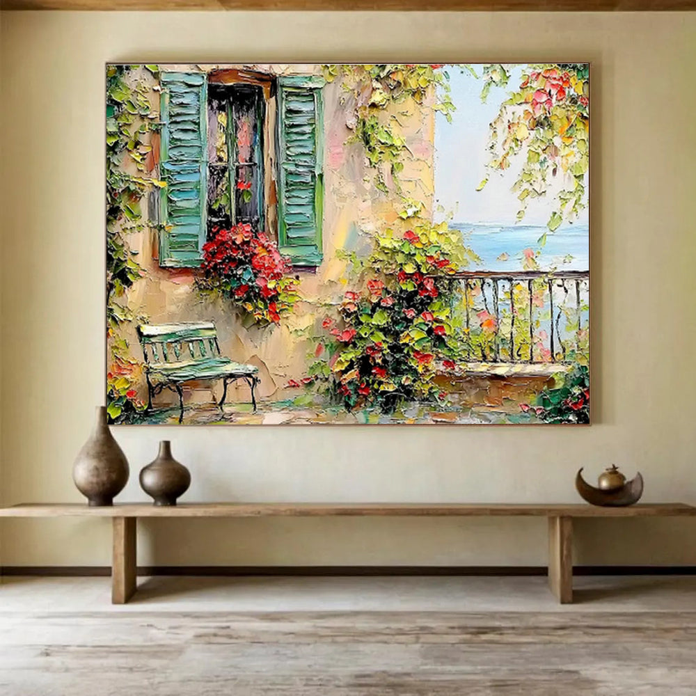 Coastal Cottage with Flower Boxes Art for Charming Nautical - Themed Cafés DLZ3076
