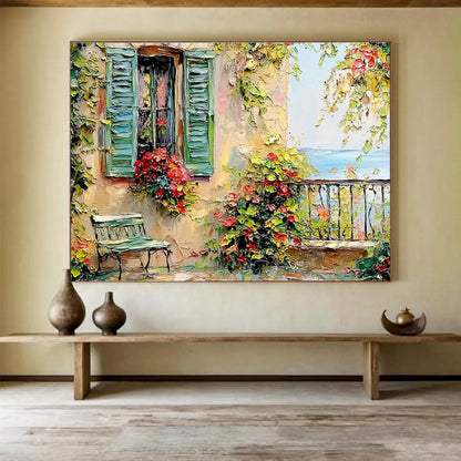 Coastal Cottage with Flower Boxes Art for Charming Nautical - Themed Cafés DLZ3076