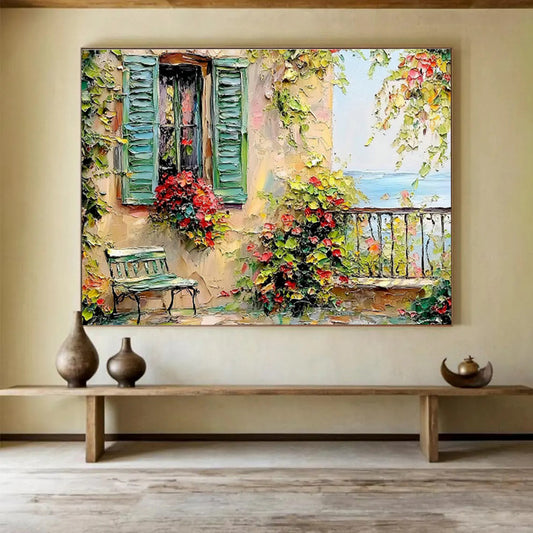Coastal Cottage with Flower Boxes Art for Charming Nautical - Themed Cafés DLZ3076