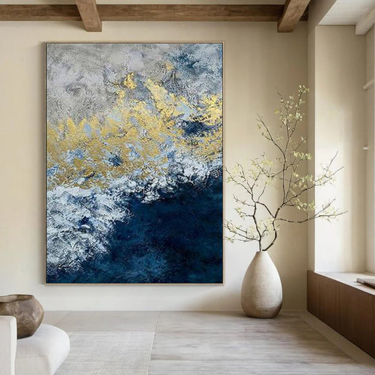 Gold and Blue Abstract Wave Art for Luxury Hotel Lobby & Art - Deco - style Lounge DLZ2249