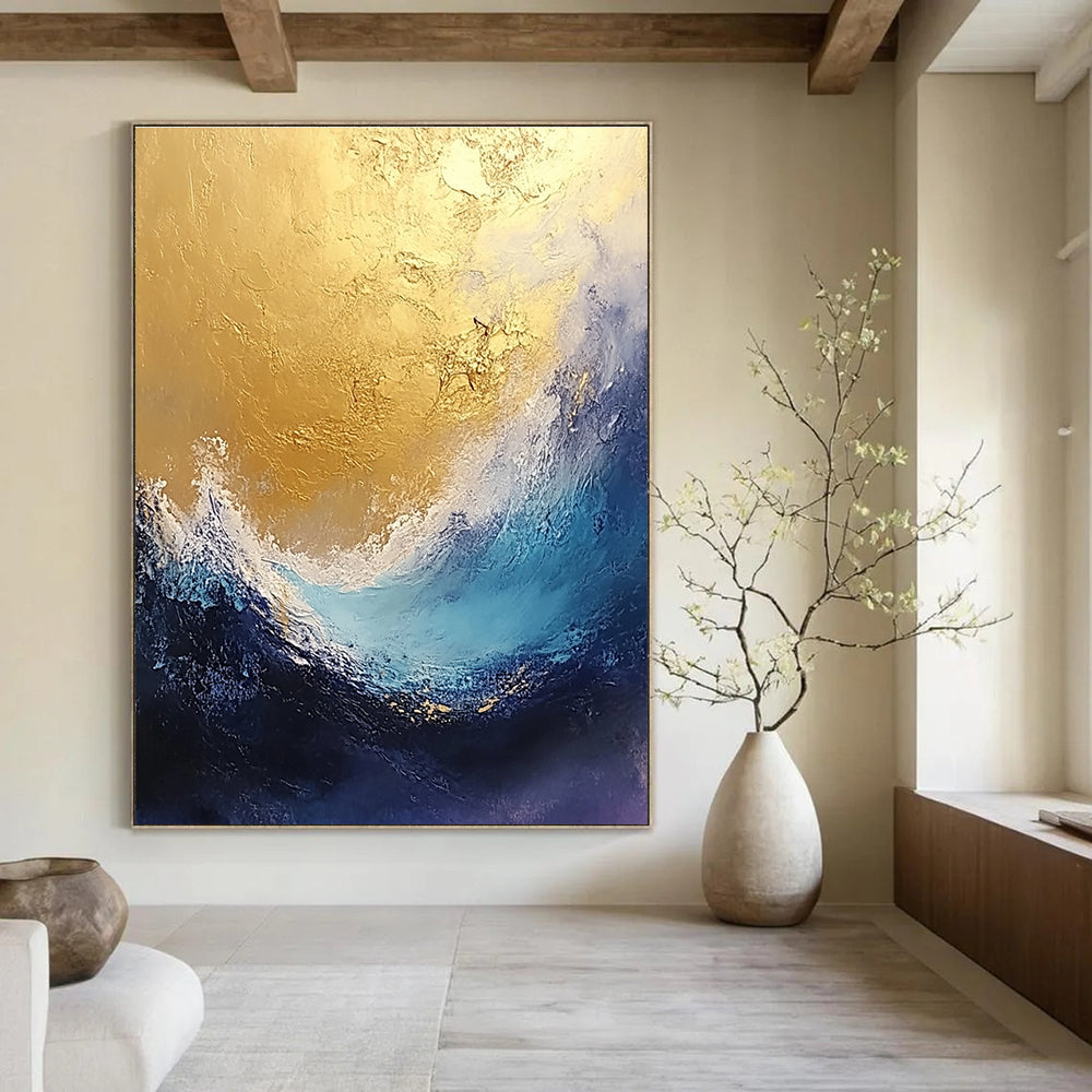 Gold and Blue Abstract Wave 2 for Coastal Resort Spa & High - End Art Gallery STSC334