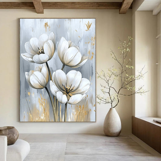 White Tulip Bouquet Classic Floral Art for Traditional Home & Refined Home Living Room STSC1478