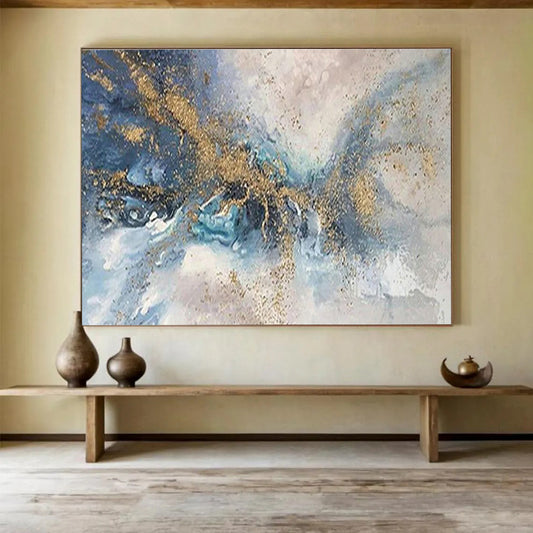 Blue - Gold Splash Abstract Art for Luxury Hotel Lobby Feature Walls DLZ3264
