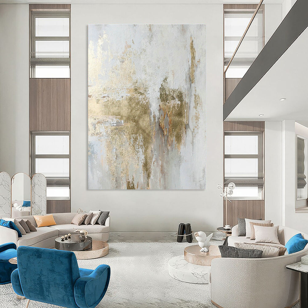 White and Gold Abstract Textured Art for Coastal Villa Bedroom & Upscale Spa Retreat DLZ1013