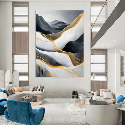 Black, White, and Gold Abstract Waves for Opulent Living Room & High - End Hotel Lobby STSC358