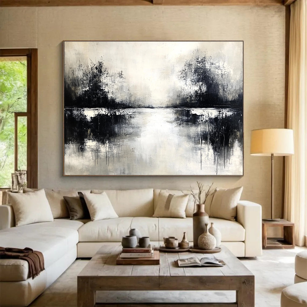 Monochrome Lake Reflection Art for Black - and - White Themed Café & Serene Spa SC056
