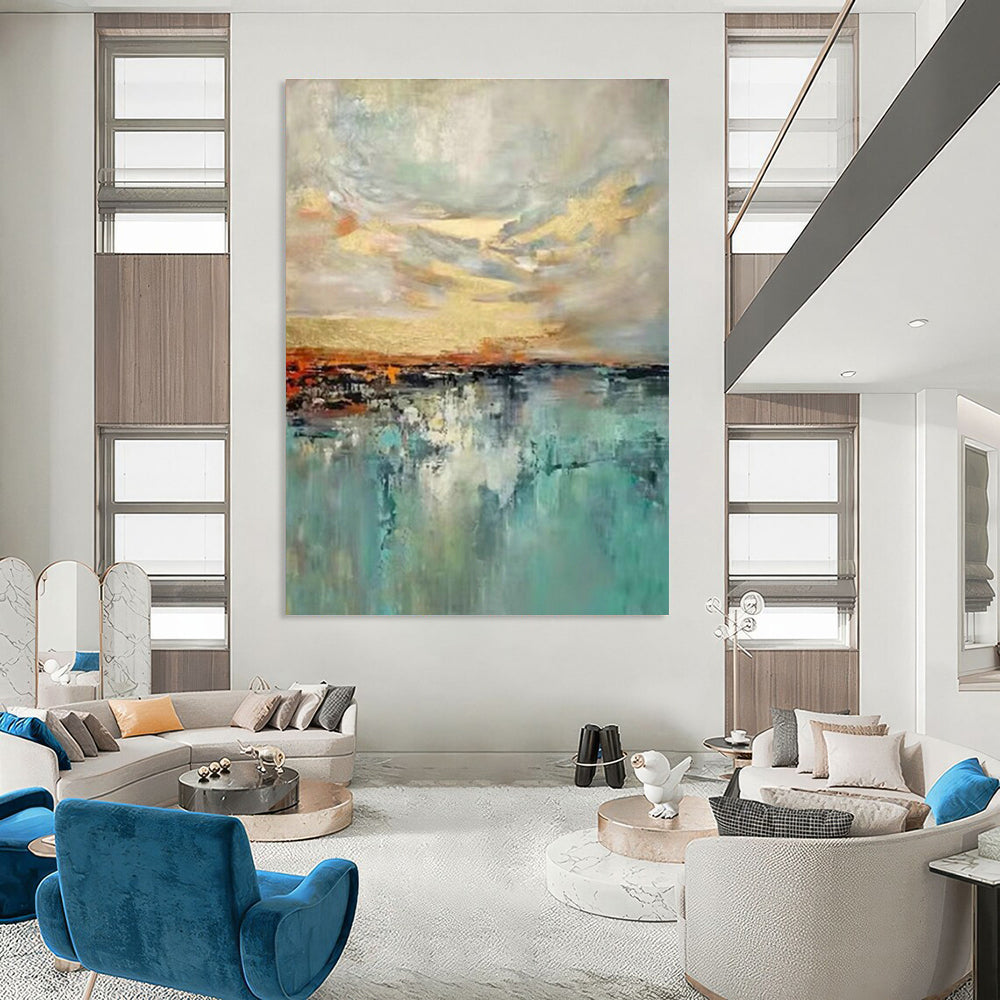 Golden - Blue Blended Landscape Abstract for Living Room & Hotel Lobby DLZ0581