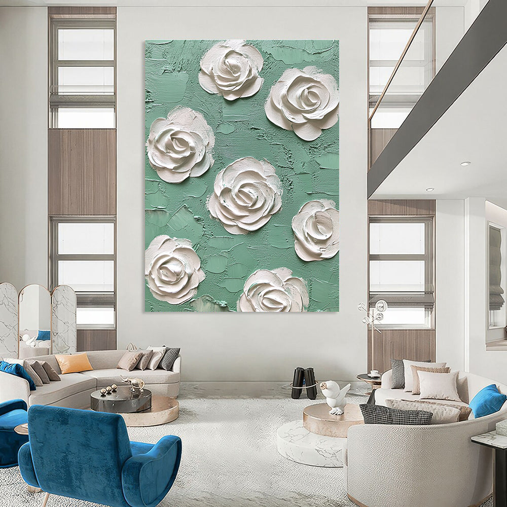 Textured White Roses on Green Art for Romantic Bedroom & Floral - Themed Café STSC1350
