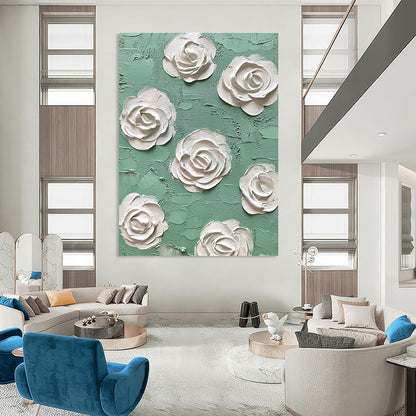 Textured White Roses on Green Art for Romantic Bedroom & Floral - Themed Café STSC1350