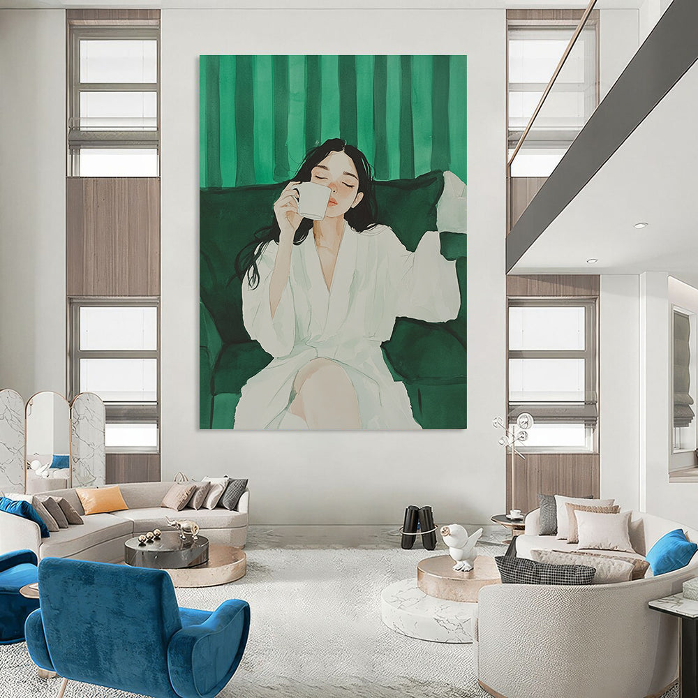 Woman in White Robe Drinking Coffee for Serene Home Library & Calming Spa Lounge STSC1002