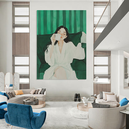 Woman in White Robe Drinking Coffee for Serene Home Library & Calming Spa Lounge STSC1002