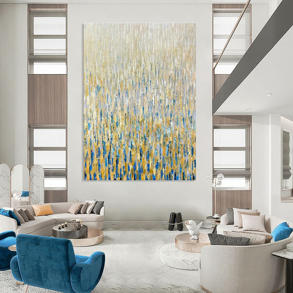 Gold - Blue Rain Abstract Art for Luxury Hotel Lobby Sides & Rooftop Bar Ambiance Walls DLZ0295