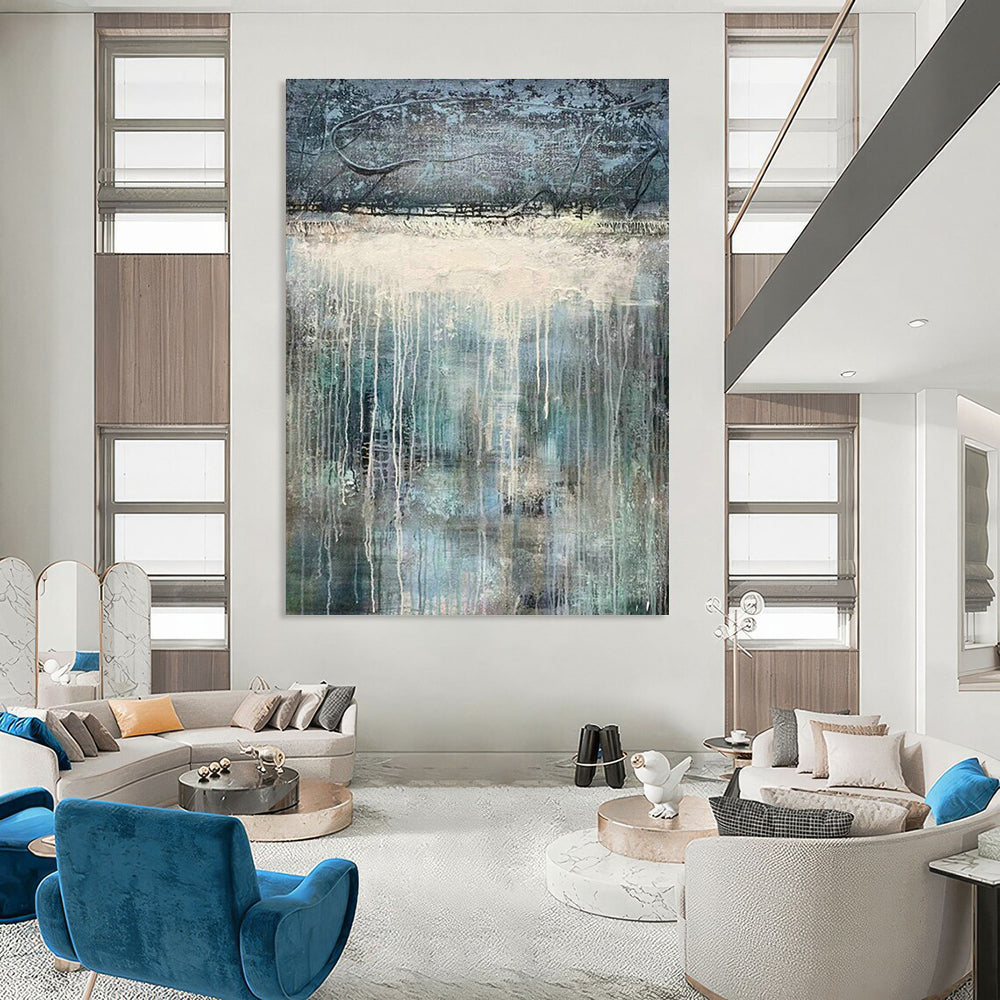 Blue - White Drip Abstract Art for Bohemian - Style Gallery & Serene Meditation Room DLZ0764
