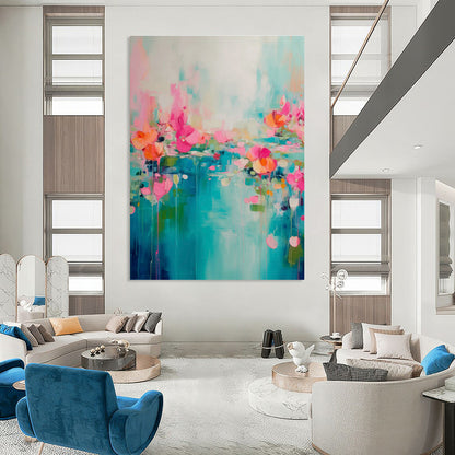 Blue - Pink Floral River Art for Bohemian Living Room & Coastal Café DLZ1000