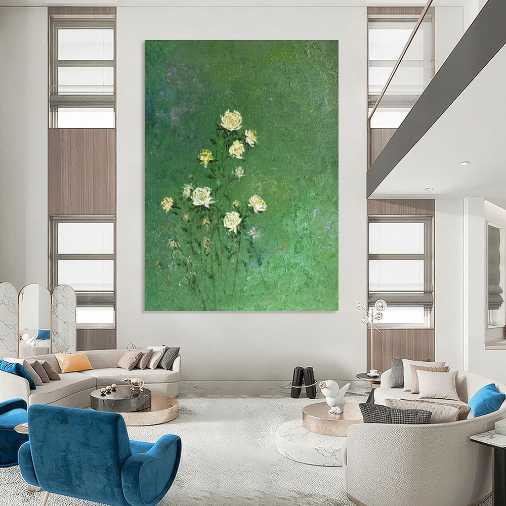 Yellow Flowers on Green Oil Painting for Dining Room & Garden Café DLZ0587