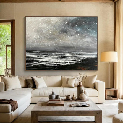 Black - White Starry Sea Oil Painting for Industrial - Style Studies DLZ2493