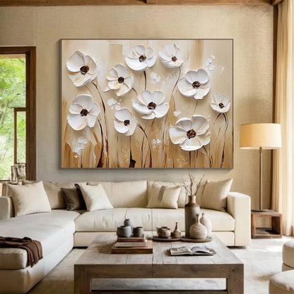 White Flowers on Beige Art for Minimalist Bedroom & Art Gallery SC003