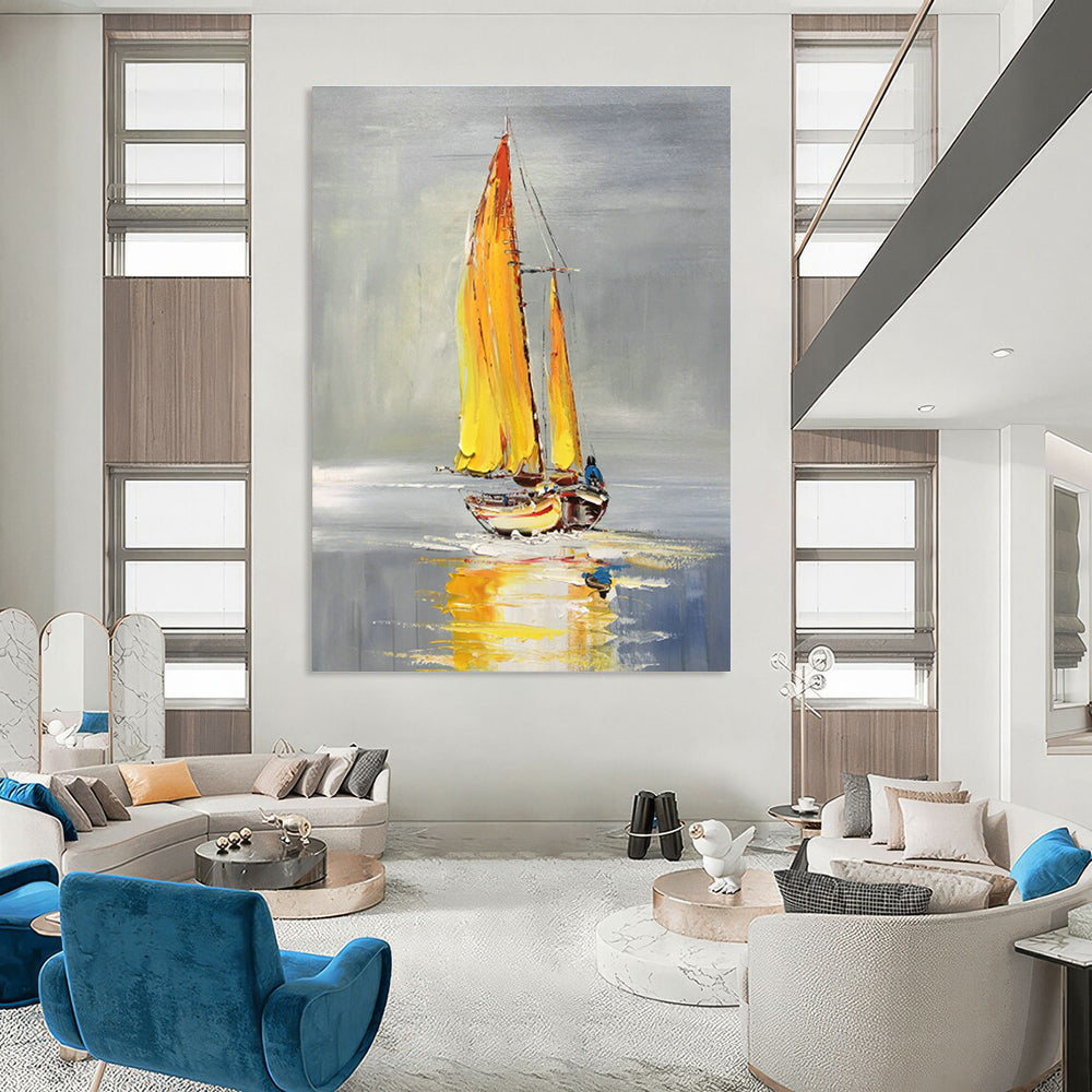 Yellow - Sailed Boat Oil Painting for Lakeside Café & Bright Coastal Kitchen DLZ0855
