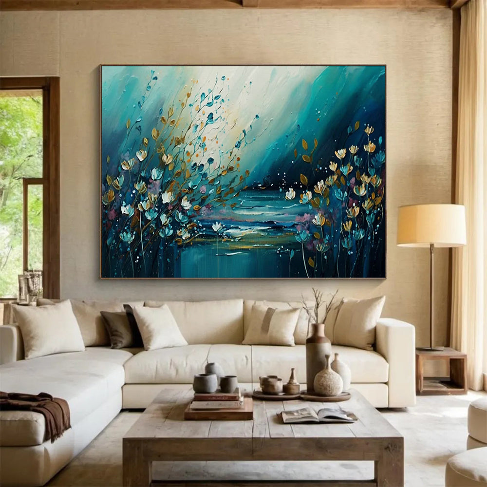 Blue - Toned Floral & Lake Art for Bohemian - Style Cottage Living Rooms DLZ3263