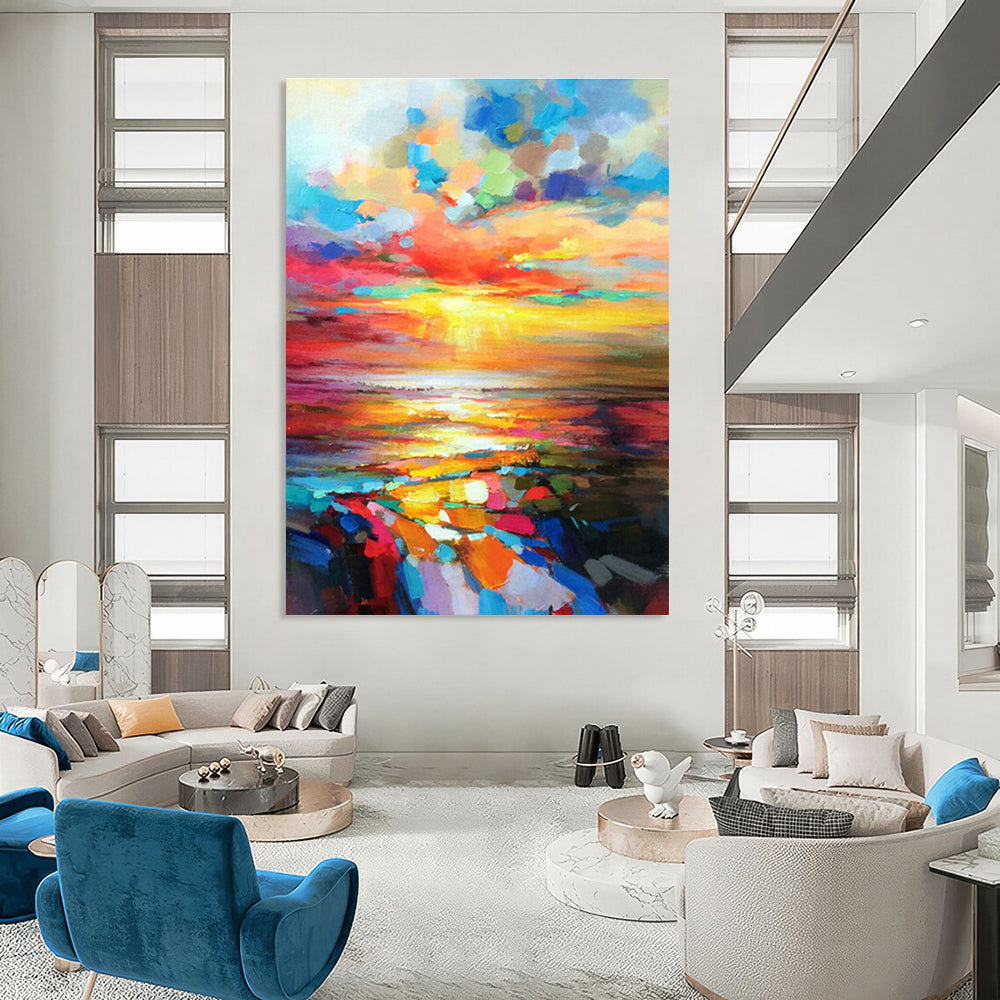 Vibrant Sunset Sea Oil Painting for Beachfront Resort & Nautical - Themed Restaurant DLZ1071