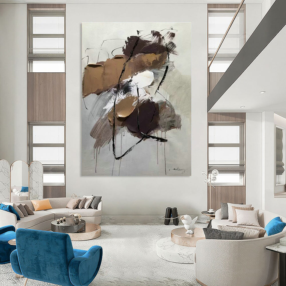 Brown - Black Line Abstract Art for Industrial - style Loft & Art Studio Break Area DLZ0786