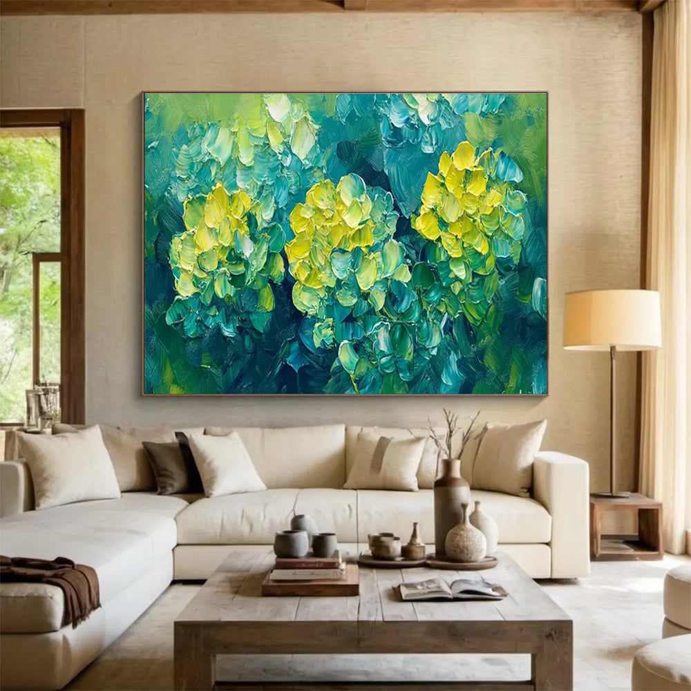 Blue - Green Floral Oil Painting for Tropical - Themed Resort Poolside Cabanas DLZ3183