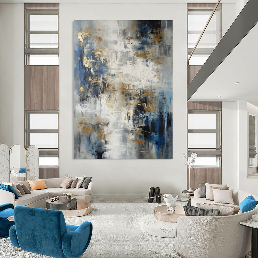 Blue - Gray - Gold Abstract Art for Modern Hotel Lobby & Luxury Home Office DLZ0853