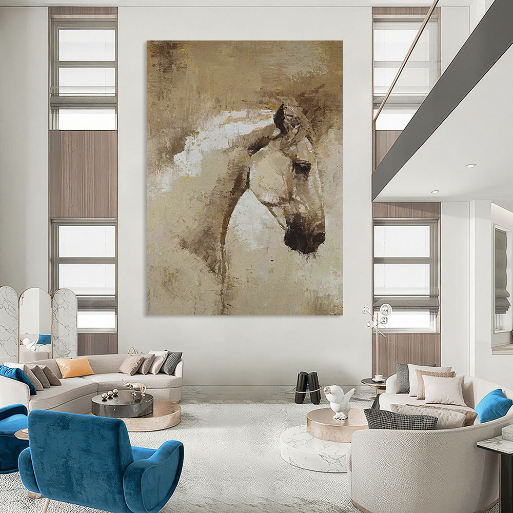 Brown and White Horse Head Oil Painting for Equestrian Club & Rustic Living Room DLZ1971