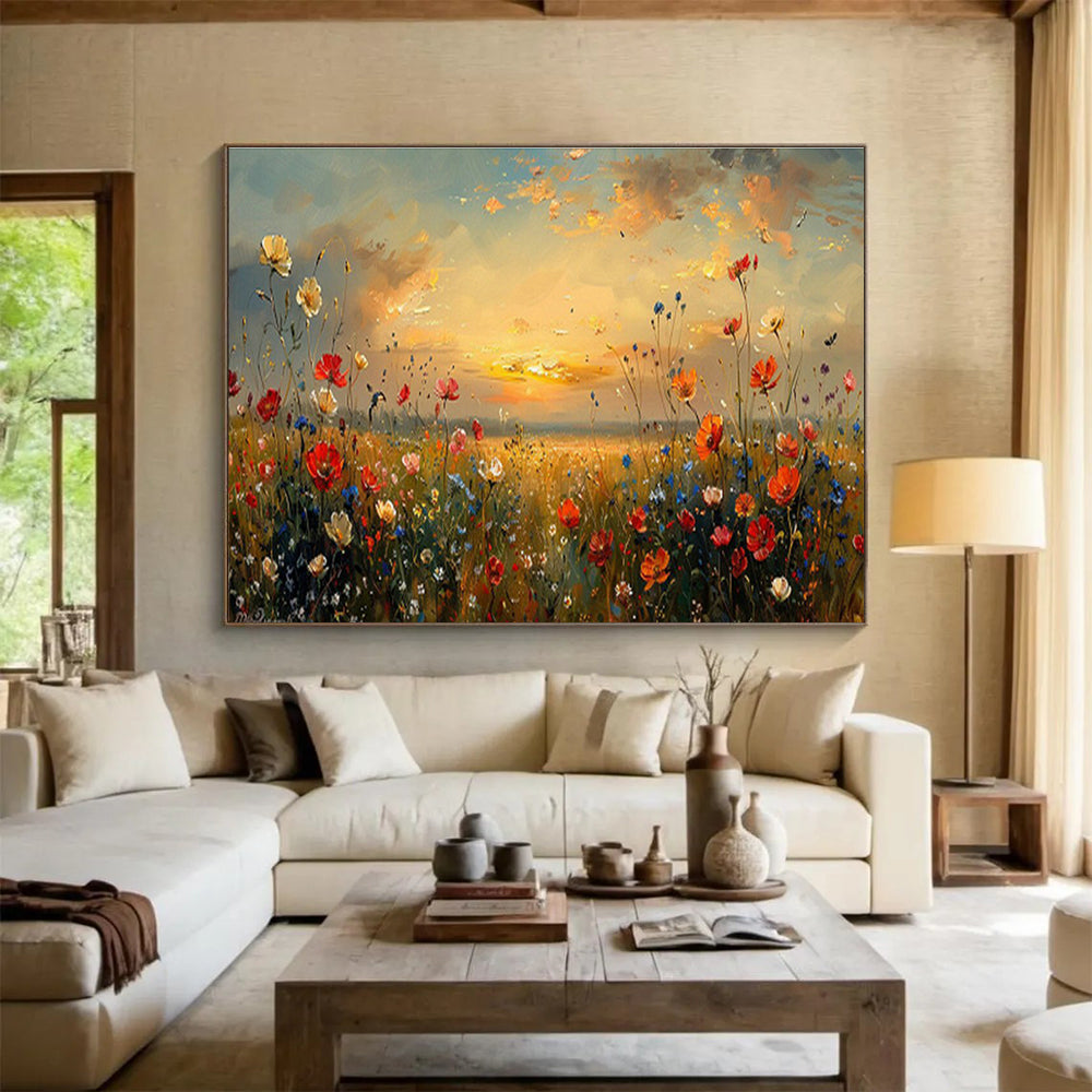 Sunset Flower Field Oil Painting for Romantic Outdoor - Themed Patios DLZ2641