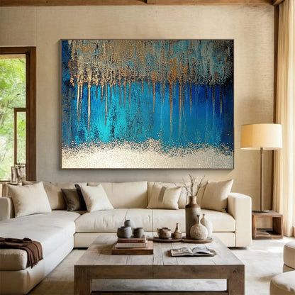 Blue and Gold Drip Art for Luxury Bathroom & Upscale Hotel Lobby SC346