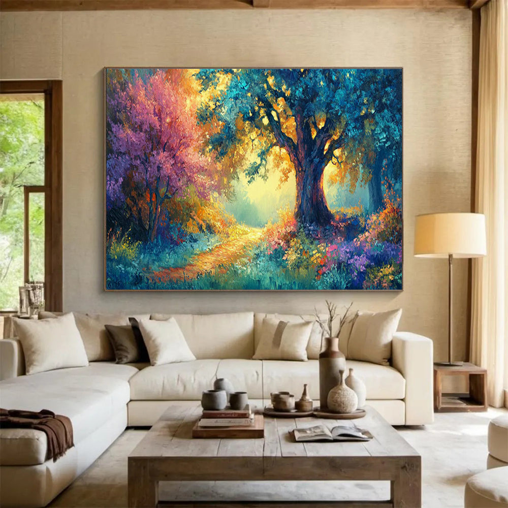 Enchanted Forest Path with Colorful Trees Art for Whimsical Children’s Playrooms DLZ3081