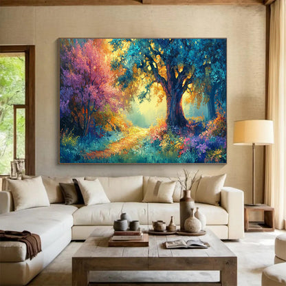 Enchanted Forest Path with Colorful Trees Art for Whimsical Children’s Playrooms DLZ3081