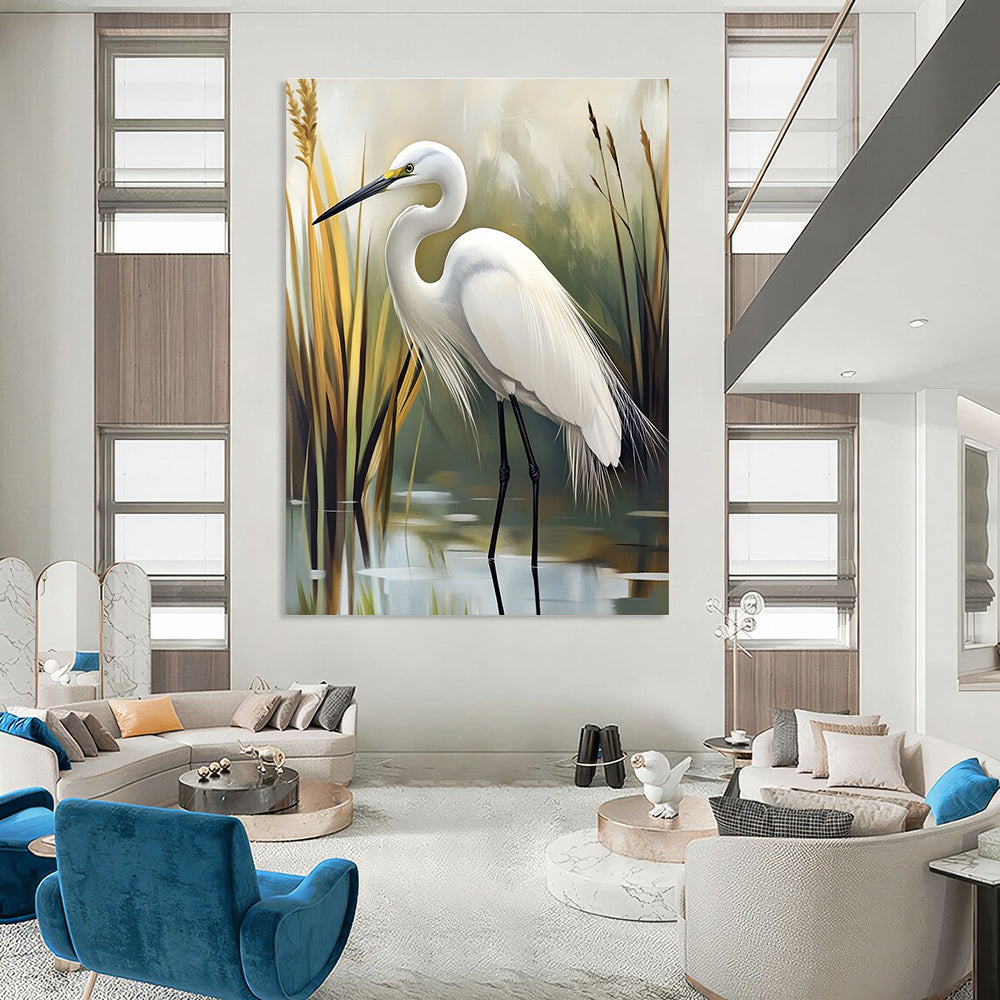 White Egret in Reed Bed for Coastal Home Living Room & Bird - Watching Club STSC1293