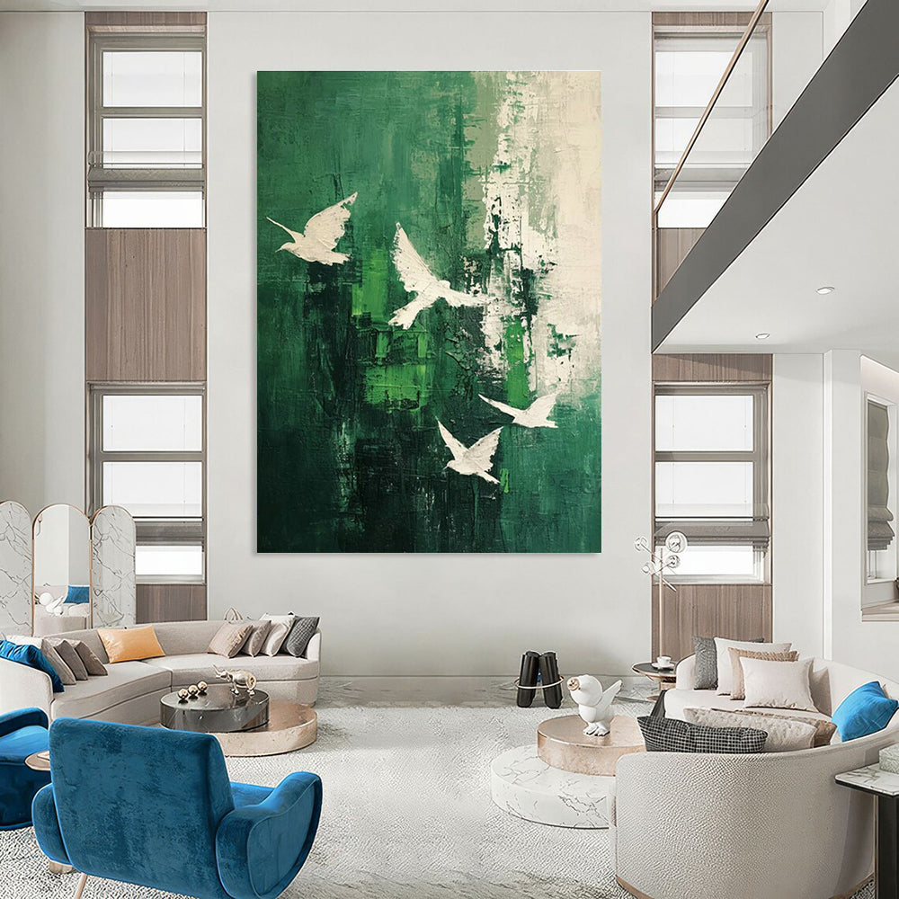 Dark Green & White Doves Abstract Art for Nature - Inspired Home & Yoga Studio DLZ1318