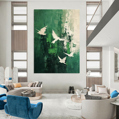 Dark Green & White Doves Abstract Art for Nature - Inspired Home & Yoga Studio DLZ1318