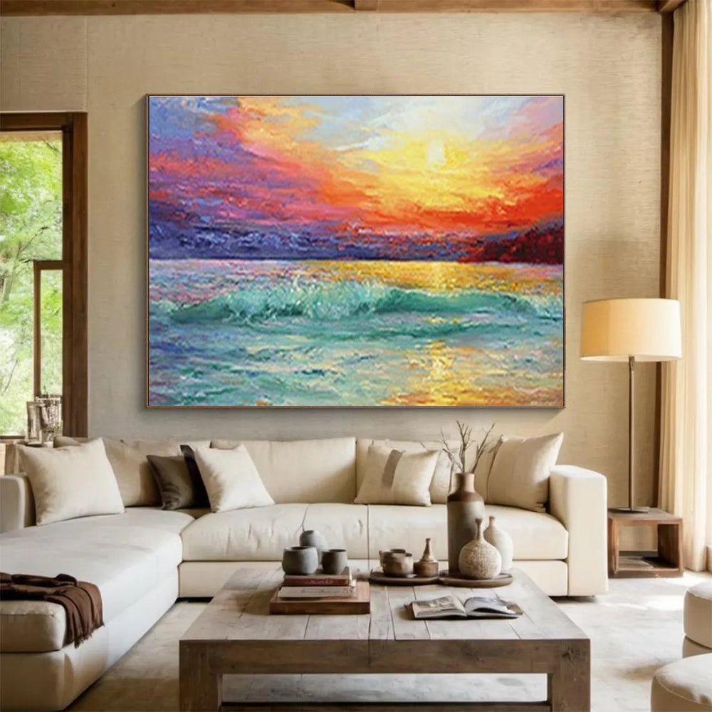 Vivid Sea Sunset Oil Painting for Coastal Home Living Room Focal Points DLZ3276