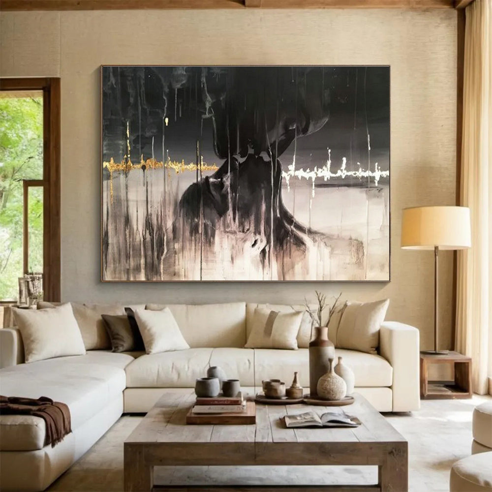 Black - Gold Abstract Art for Luxury Hotel Rooftop Bar Decor DLZ3284