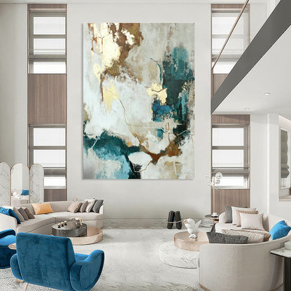 Modern White - Gold - Teal Abstract Art for Living Room & Dining Room DLZ0397