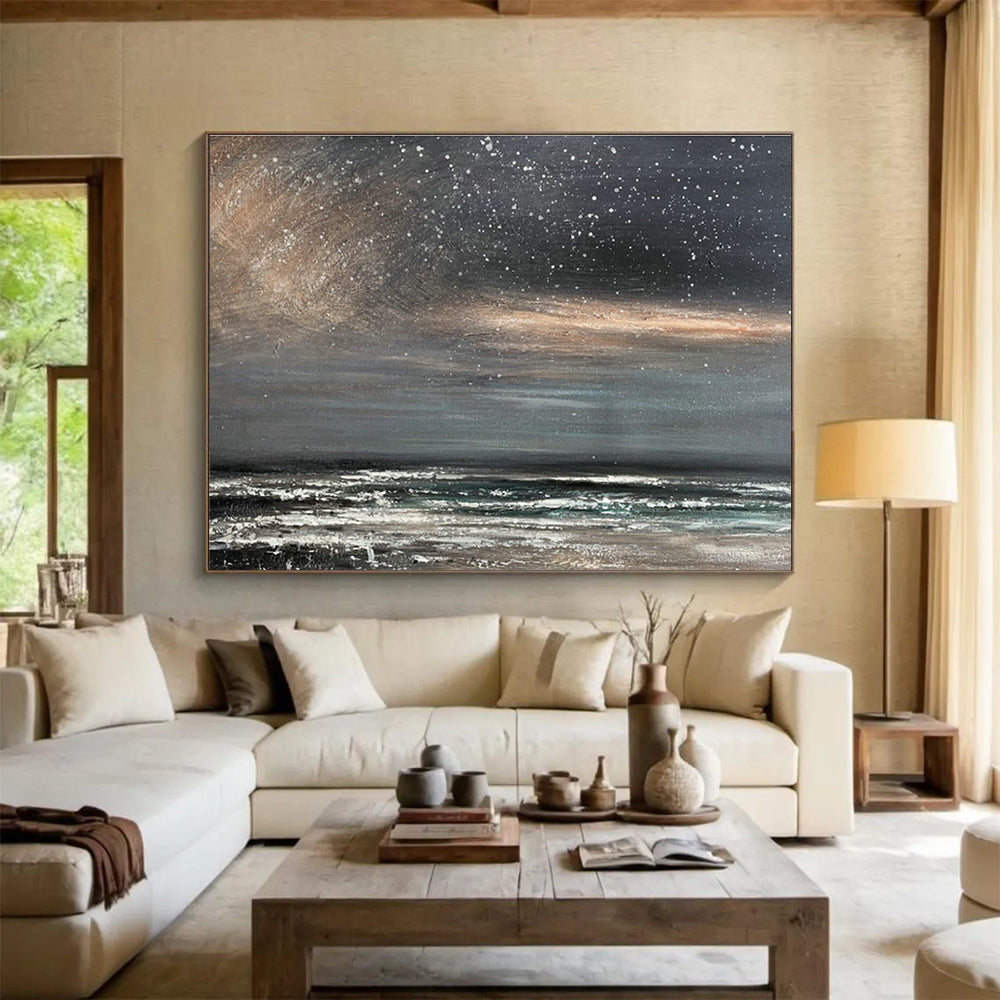 Starry Night Sea View Oil Painting for Eclectic Home Studies DLZ2489