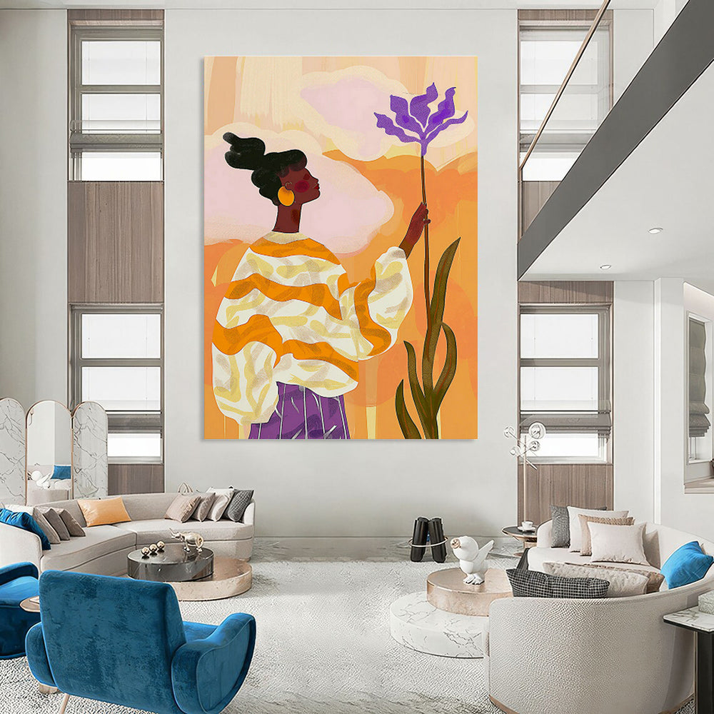 Woman with Purple Flower in Orange - Yellow Art for Bohemian Café & Creative Studio DLZ0695