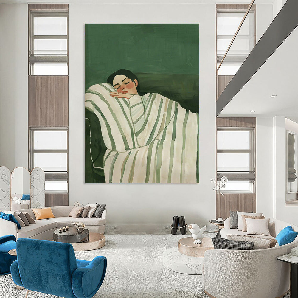 Sleeping Woman on Green Background Art for Feminine Bedroom & Self - Care Space DLZ0686
