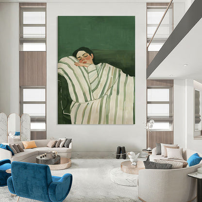 Sleeping Woman on Green Background Art for Feminine Bedroom & Self - Care Space DLZ0686