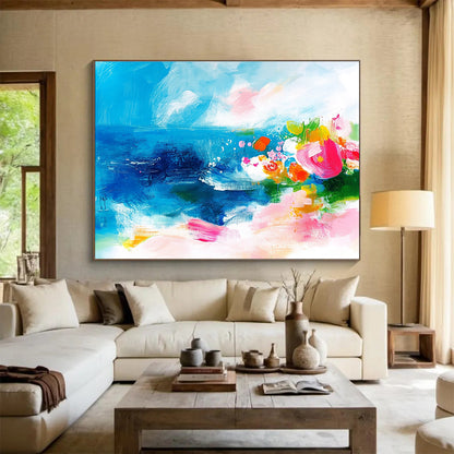 Blue Sea and Colorful Flowers Art for Bohemian Living Room & Garden - Themed Restaurant SC363