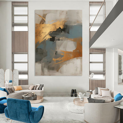 Gold - Blue - Gray Abstract Art for Coastal Home Beach House & Corporate Meeting Room DLZ1733