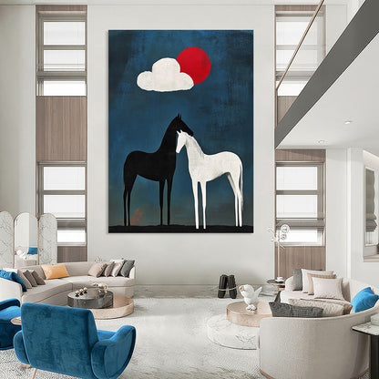 Black and White Horses Under Sun and Cloud for Bohemian - Style Café & Nature - Inspired Art Studio STSC916