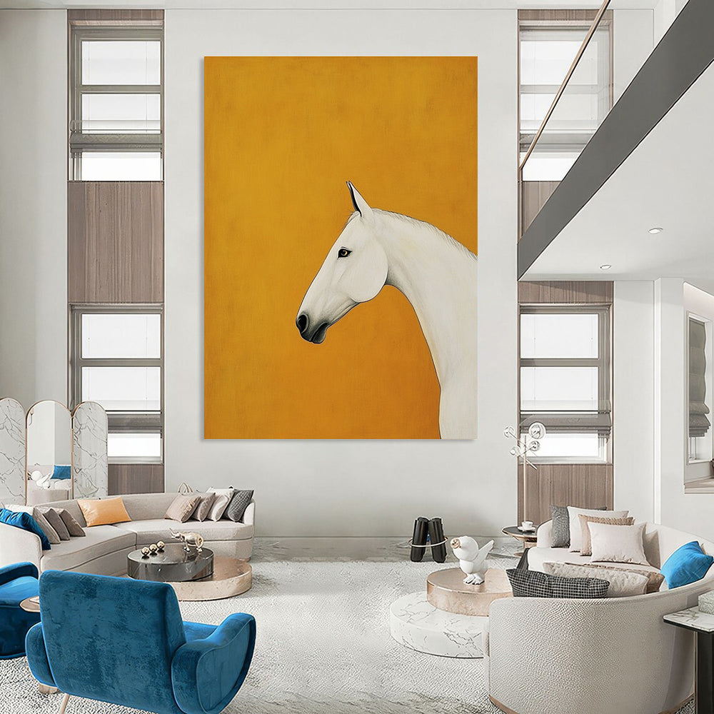 White Horse on Orange Background Art for Equestrian - Themed Home & Luxury Hotel Lobby STSC1348