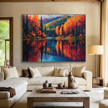 Autumn Lake Reflection Art for Mountain Lodge Living Rooms DLZ3202